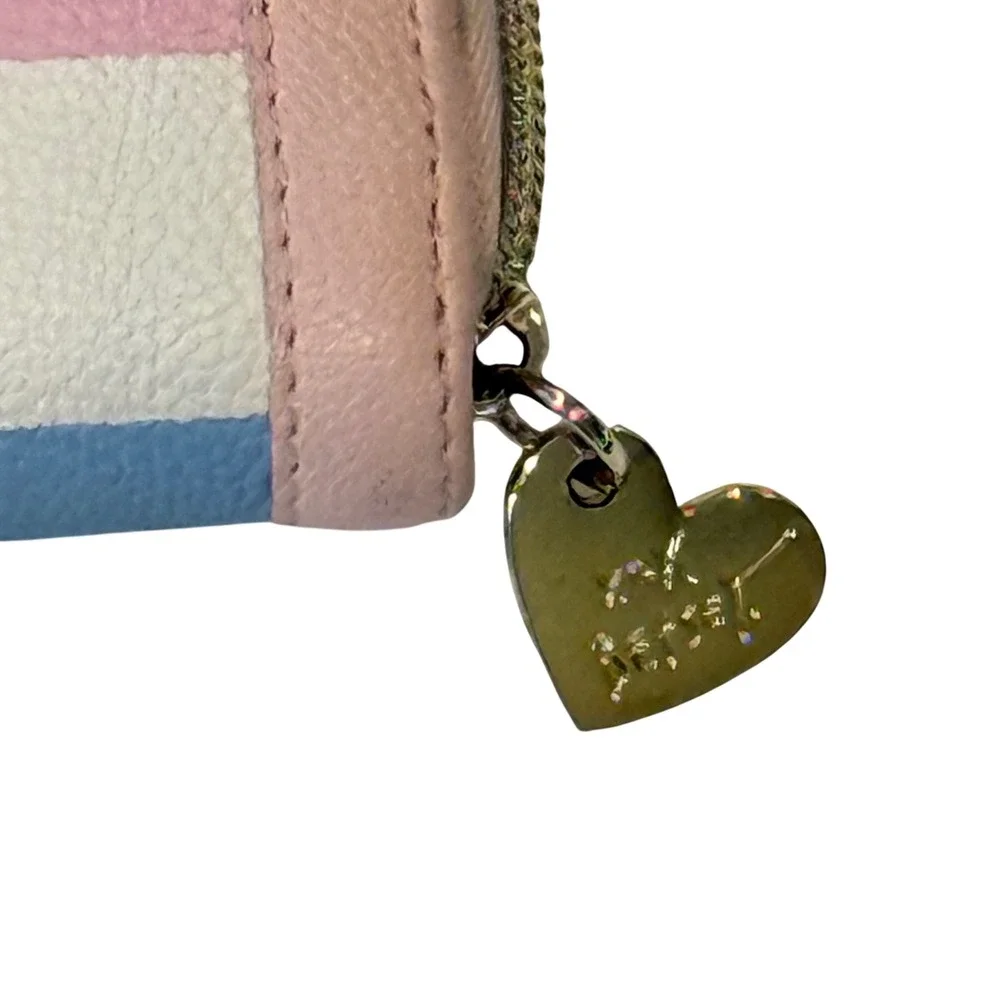 Betsey Johnson Pink Bow Striped Zip Around Wallet Pastel Gold Heart Charm EUC